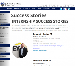 A custom page for Johnson and Wales University showing off their success stories