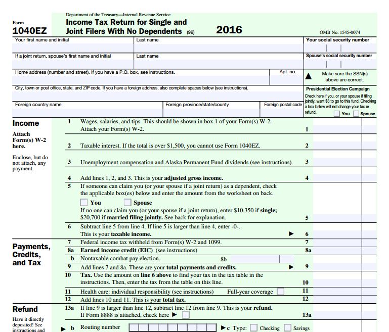 The Form 1040 EZ. Click Here to download
