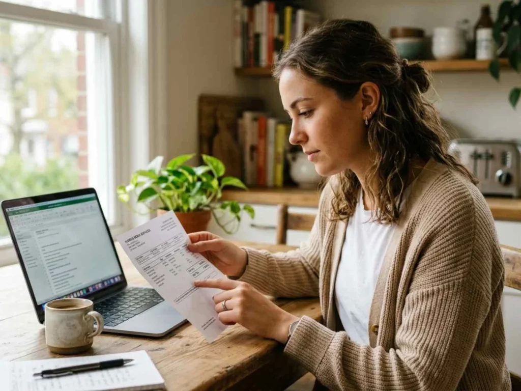 Young adult reviewing pay stub at kitchen table